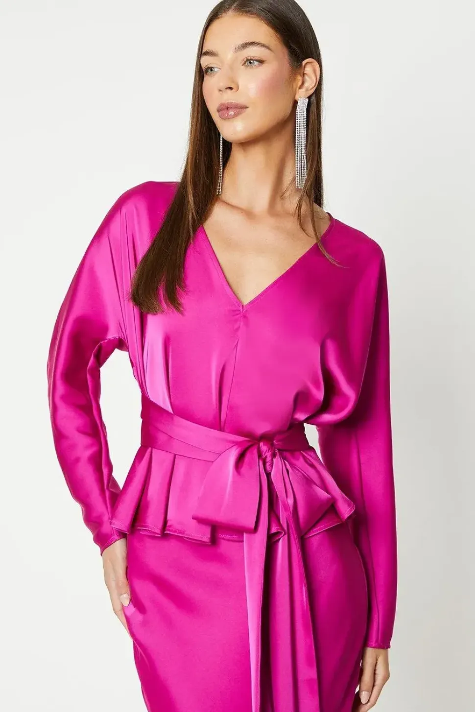 Long Sleeve Satin Top With Tie Detail