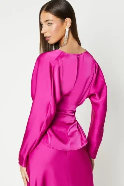 Long Sleeve Satin Top With Tie Detail
