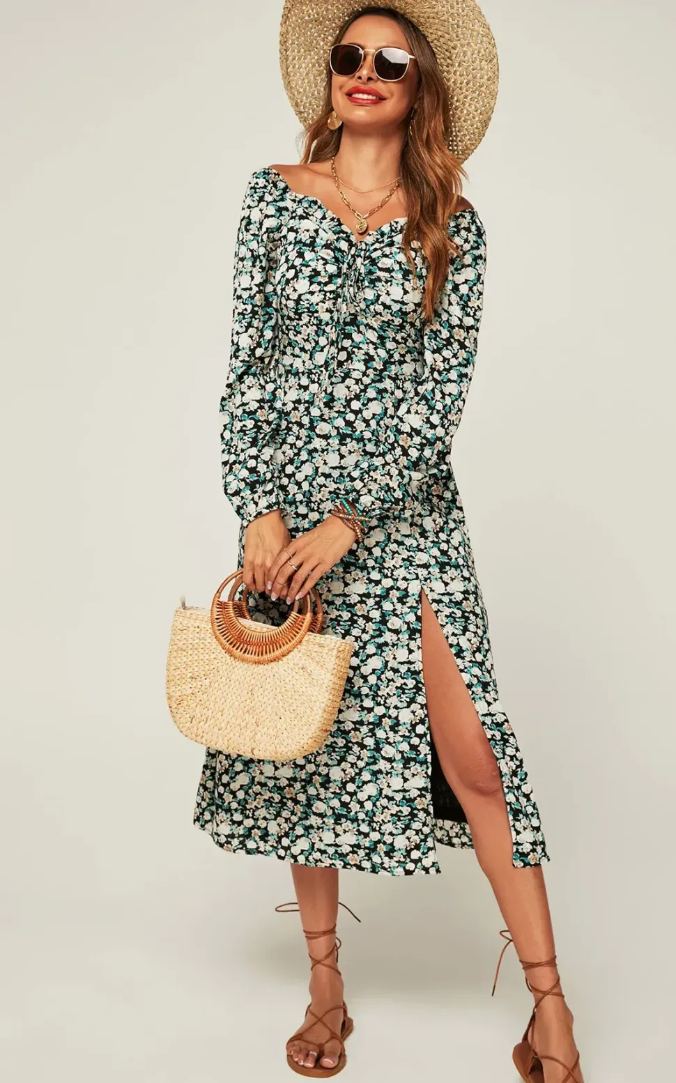 Long Sleeves Floral Mini Midi Dress In Black Floral