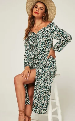 Long Sleeves Floral Mini Midi Dress In Black Floral