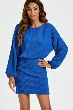 Long Sleeves Knit Mini Dress In Blue
