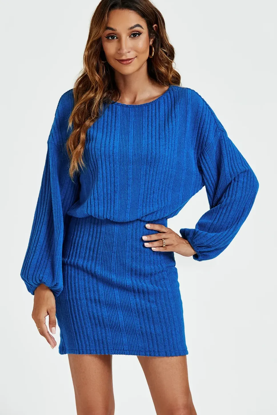 Long Sleeves Knit Mini Dress In Blue