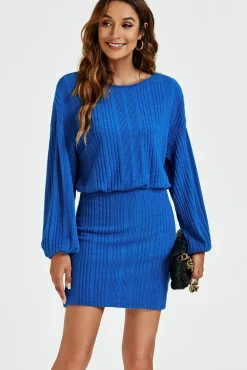 Long Sleeves Knit Mini Dress In Blue