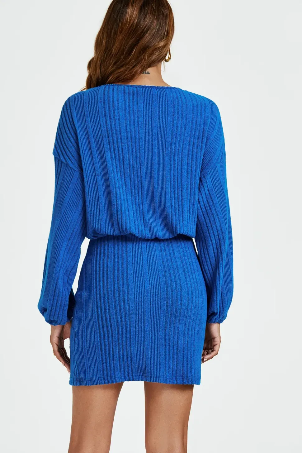 Long Sleeves Knit Mini Dress In Blue