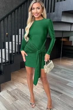 Long Sleeve Slinky Bodycon Mini Dress with Front Sash
