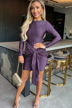 Long Sleeve Slinky Bodycon Mini Dress with Front Sash