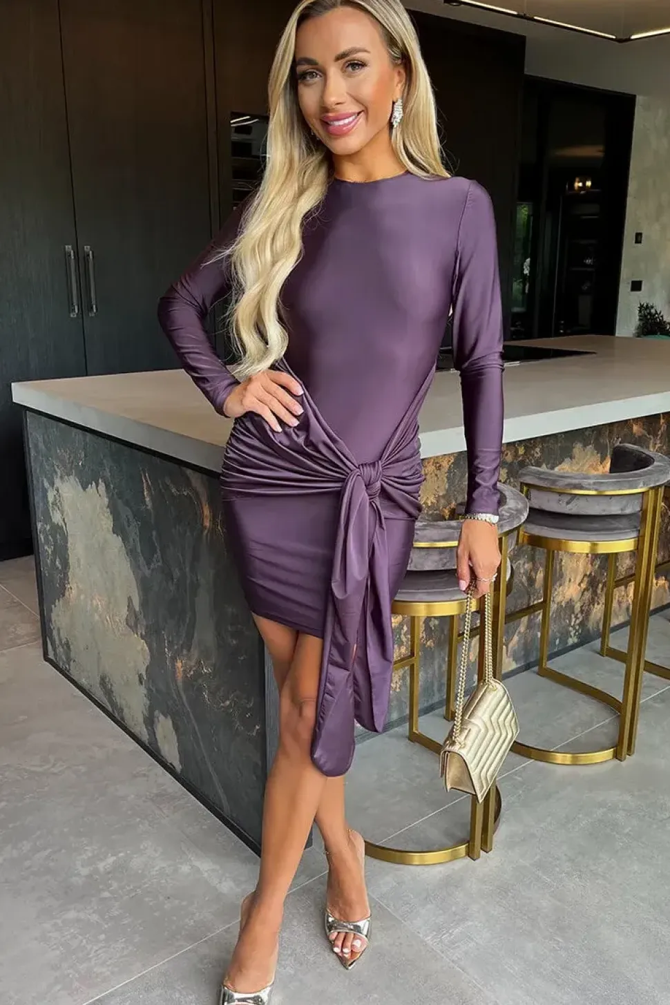 Long Sleeve Slinky Bodycon Mini Dress with Front Sash