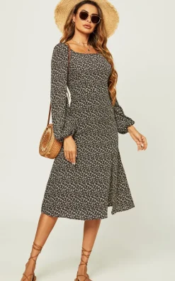 Long Sleeve Slip Leg Elasticated Detail Midi Dress In Black Flora Print