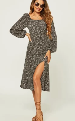 Long Sleeve Slip Leg Elasticated Detail Midi Dress In Black Flora Print