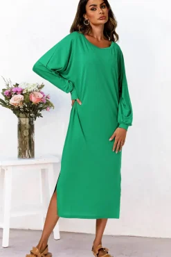 Long Sleeves Scoop Neckline Slit Hem Midi Dress In Green