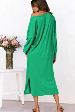 Long Sleeves Scoop Neckline Slit Hem Midi Dress In Green