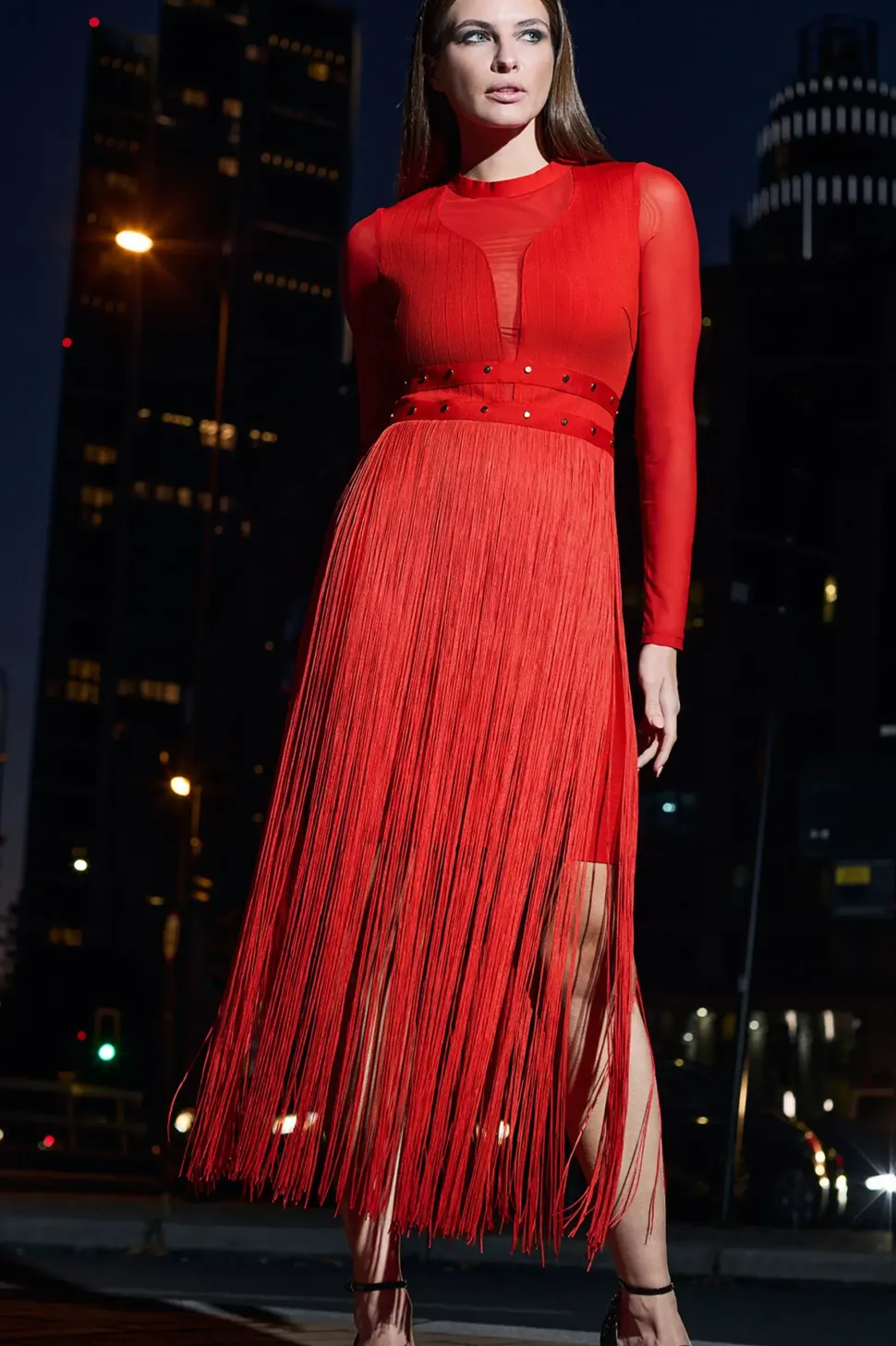 Long Sleeve Tassel Midi Dress