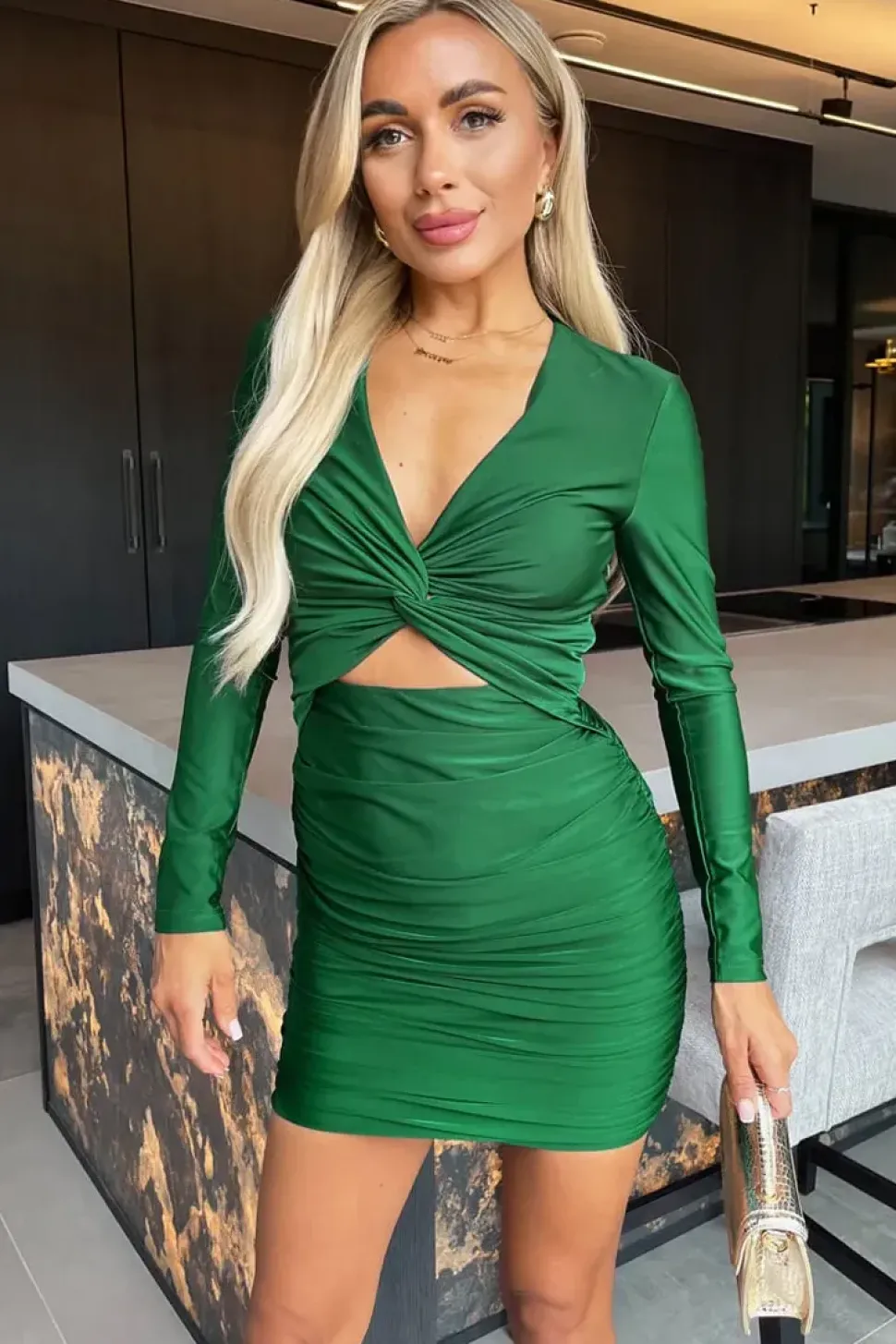Long Sleeve V Neck Knot Detail Cut Out Ruched Mini Dress