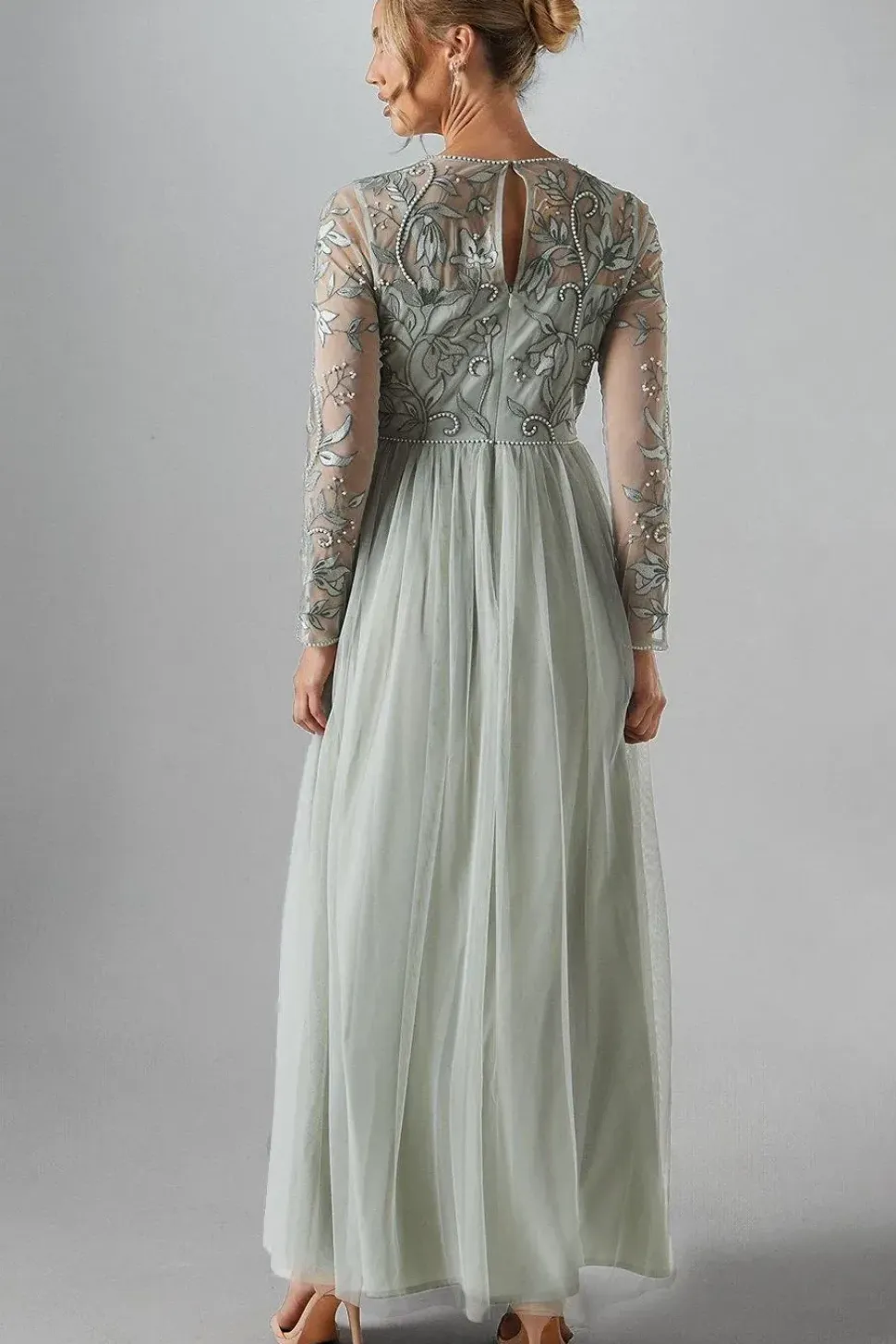 Long Sleeve Winter Floral Tulle Skirt Bridesmaid Maxi Dress