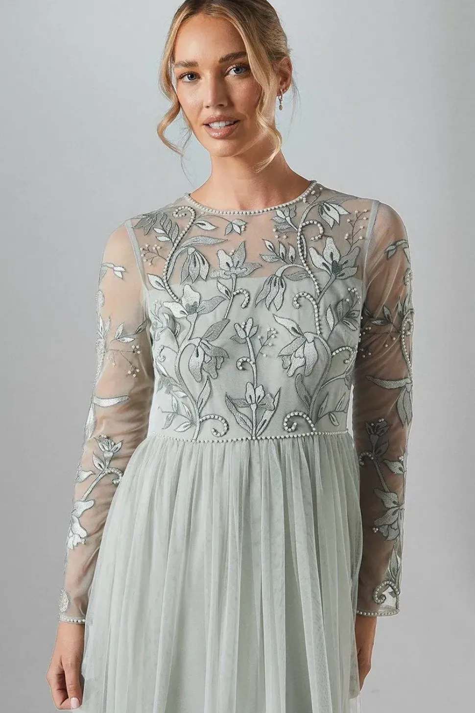 Long Sleeve Winter Floral Tulle Skirt Bridesmaid Maxi Dress