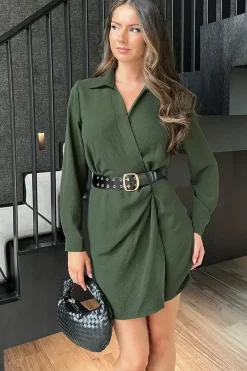 Long Sleeve Wrap Belted Mini Dress