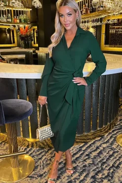Long Sleeve Wrap Shirt-Style Midi Dress