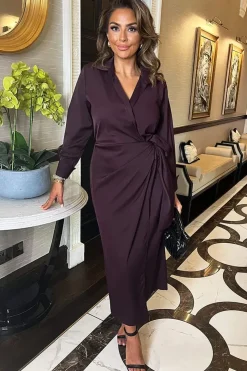 Long Sleeve Wrap Shirt-Style Midi Dress