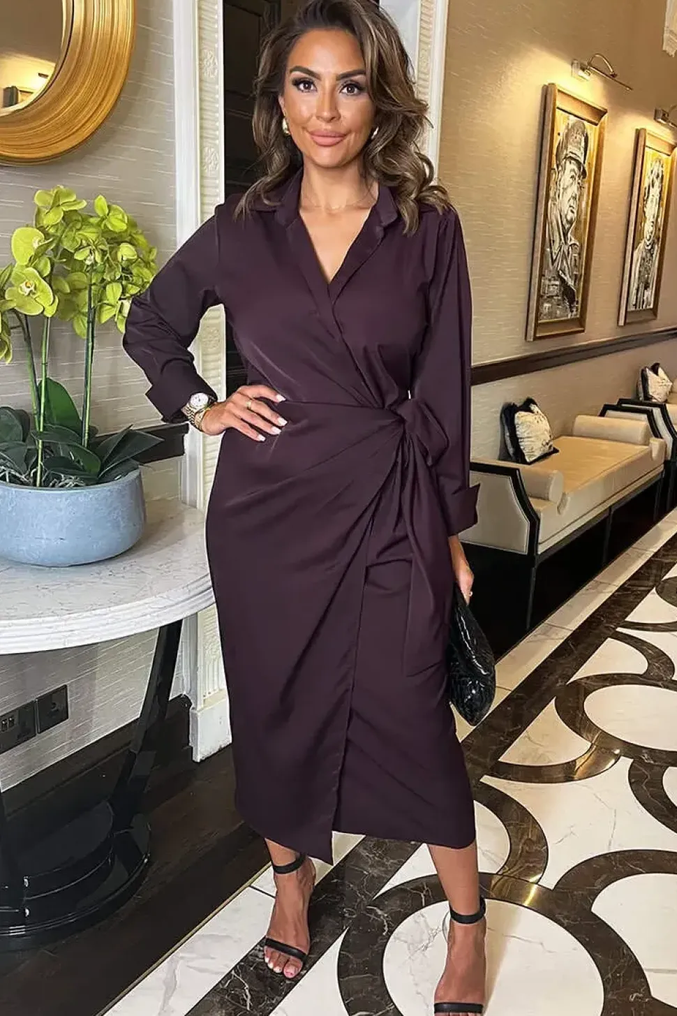Long Sleeve Wrap Shirt-Style Midi Dress