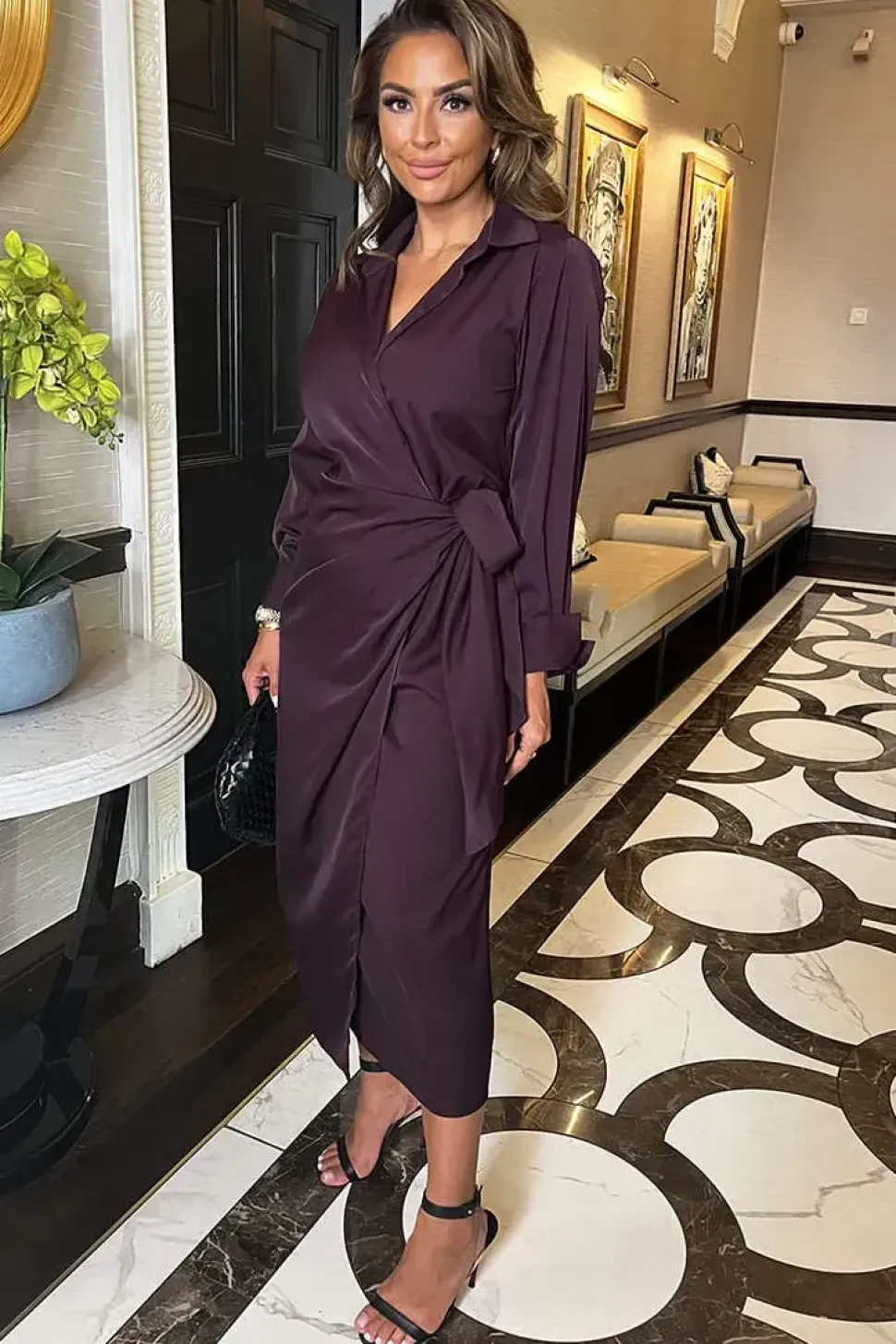 Long Sleeve Wrap Shirt-Style Midi Dress