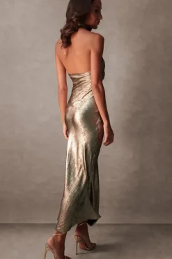 Luxe Gold Twist Halter Neck Maxi Dress