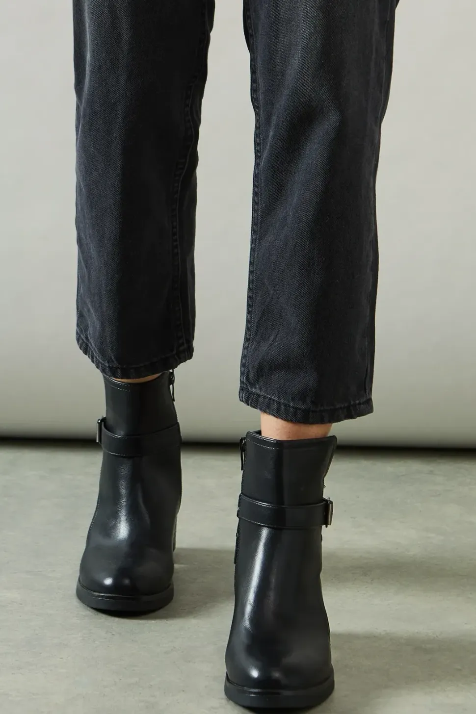 Madisyn Faux Leather Buckle Detail Mid Block Heel Ankle Boots