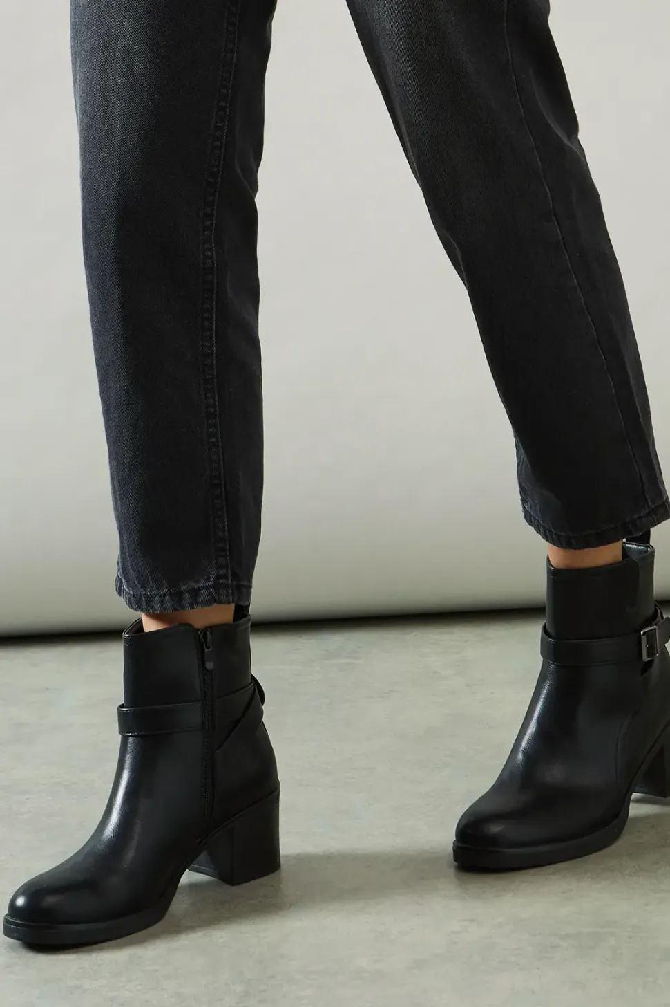 Madisyn Faux Leather Buckle Detail Mid Block Heel Ankle Boots