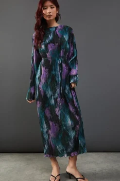 Marble Plisse Belted Column Midi Dress