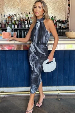 Marble Print Halter Neck Ruched Mesh Midi Dress