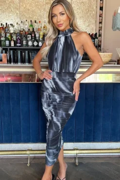 Marble Print Halter Neck Ruched Mesh Midi Dress