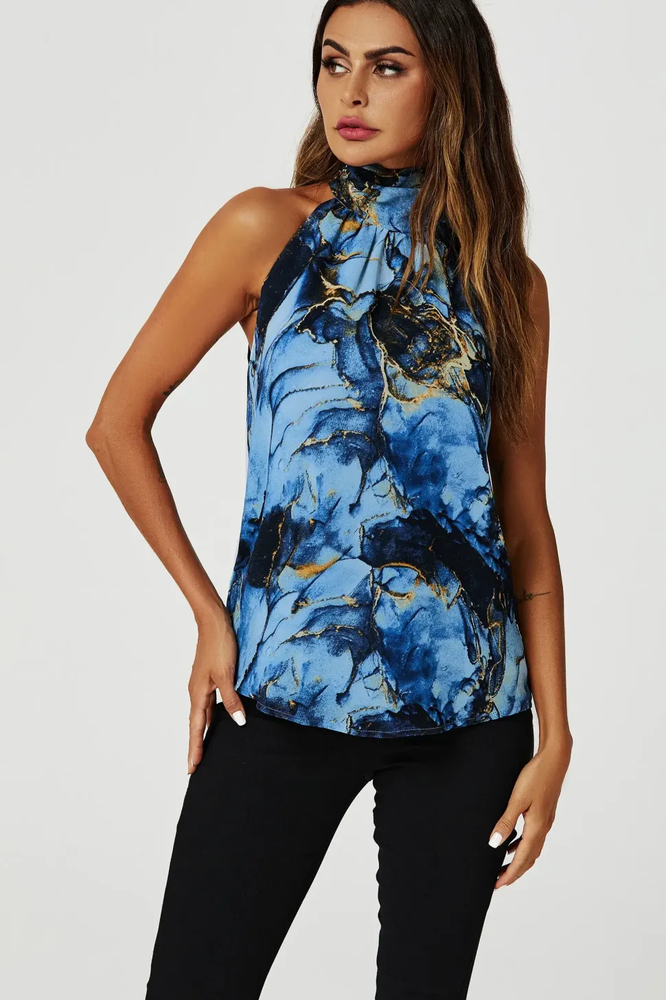 Marble Print Halter Neck Tie Back Top In Fuchsia Pink