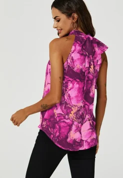 Marble Print Halter Neck Tie Back Top In Navy