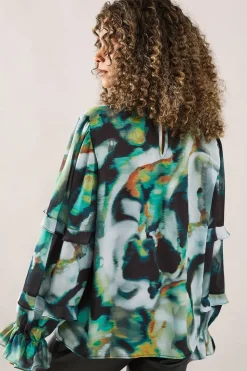 Marble Print High Neck Frill Detail Blouse