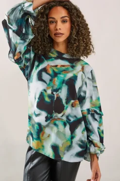 Marble Print High Neck Frill Detail Blouse