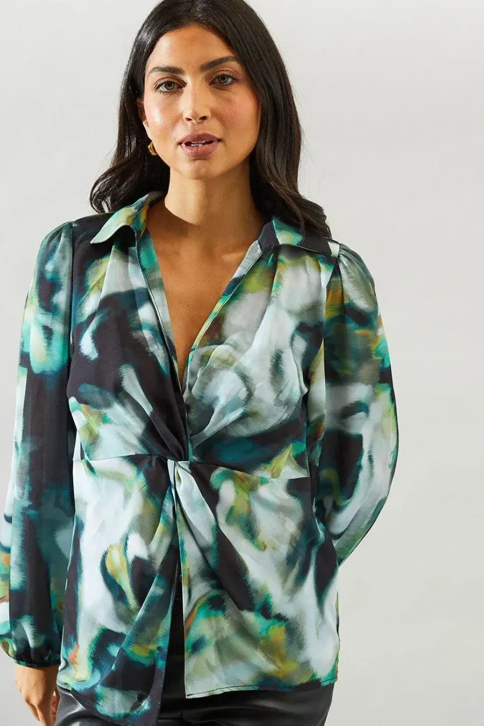 Marble Print Knot Detail Collared Blouse