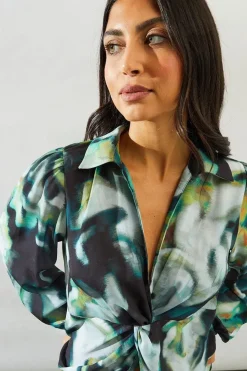 Marble Print Knot Detail Collared Blouse