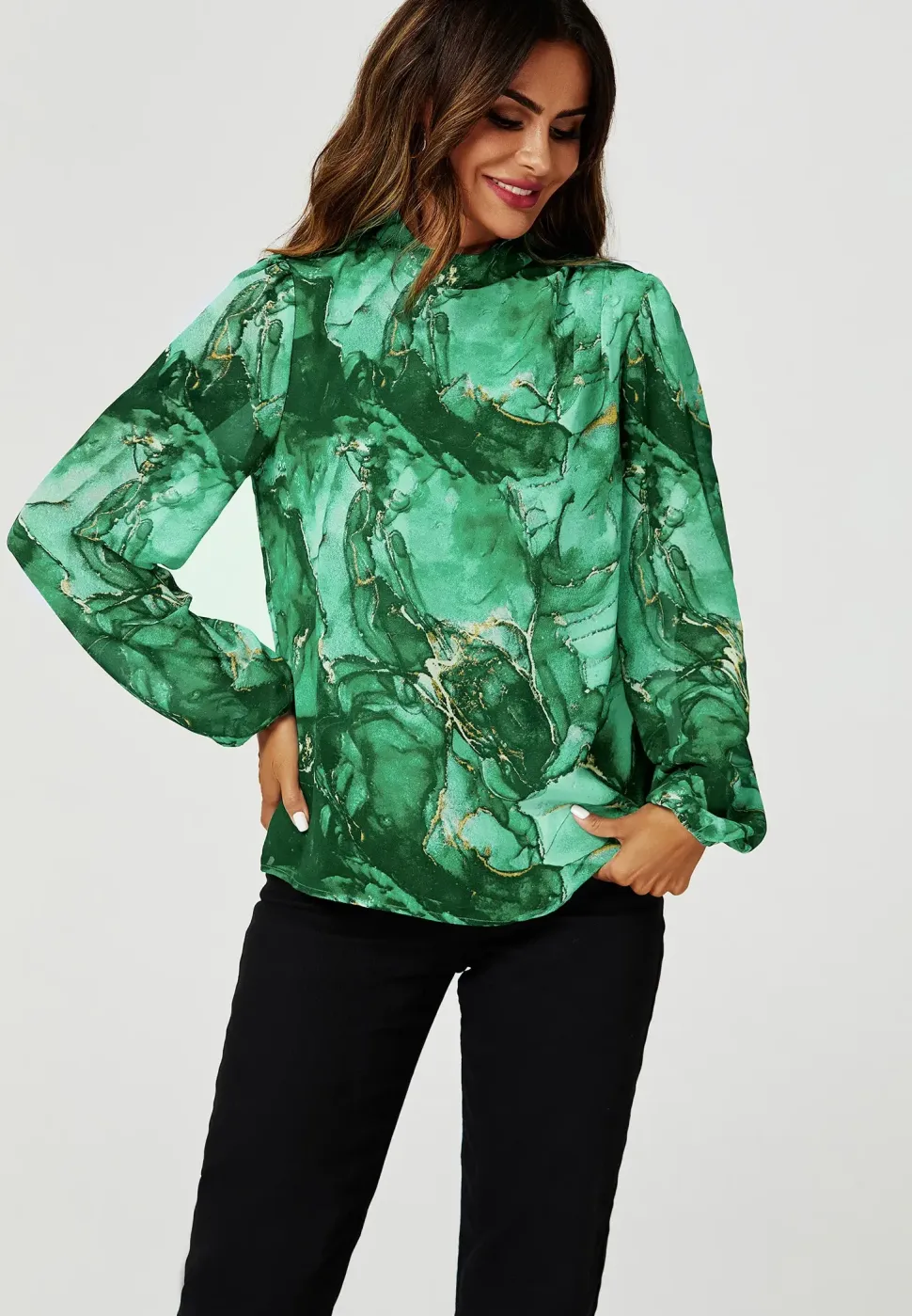 Marble Print Long Sleeve High Neck Top