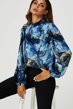 Marble Print Long Sleeve High Neck Top In Navy