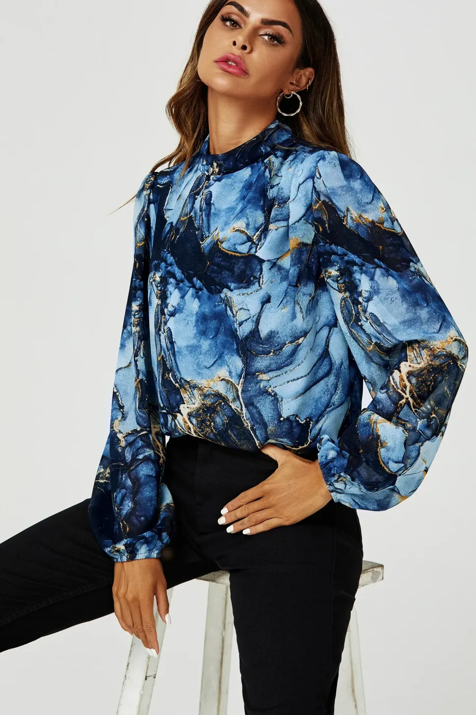 Marble Print Long Sleeve High Neck Top In Navy