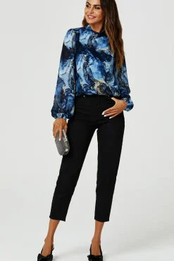 Marble Print Long Sleeve High Neck Top In Navy