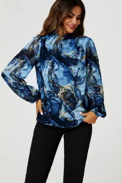Marble Print Long Sleeve High Neck Top In Navy