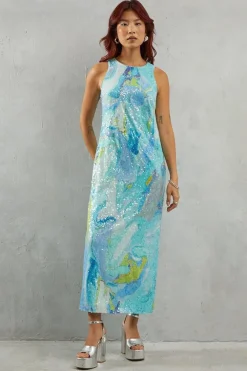 Marble Print Sleeveless Sequin Midi Dress