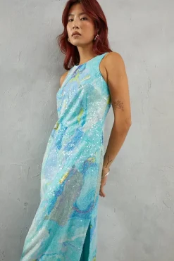 Marble Print Sleeveless Sequin Midi Dress