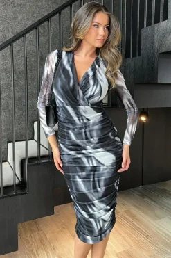 Marble Print Wrap Long Sleeve Ruched Mesh Midi Dress