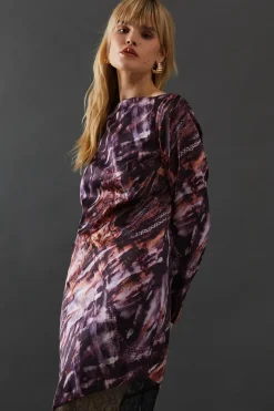 Marble Satin Column Lace Panel Midi Dress