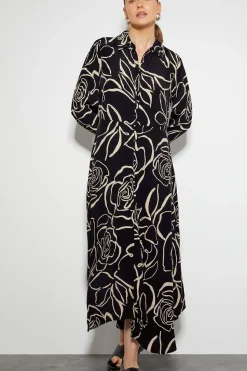Mary Monochrome Floral Midi Shirt Dress Black