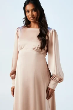 Maternity Blouson Sleeve Satin Bridesmaids Maxi Dress