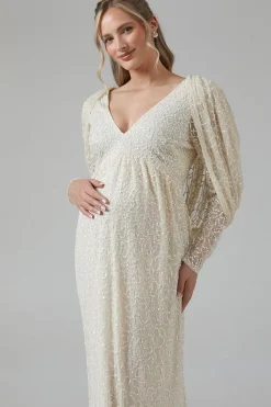 Maternity Cowl Back Long Sleeve Embellished Wedding Dress