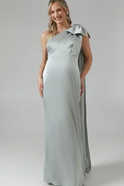 Maternity One Shoulder Bow Satin Maxi Bridesmaid Dress