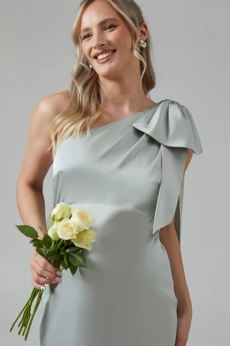 Maternity One Shoulder Bow Satin Maxi Bridesmaid Dress